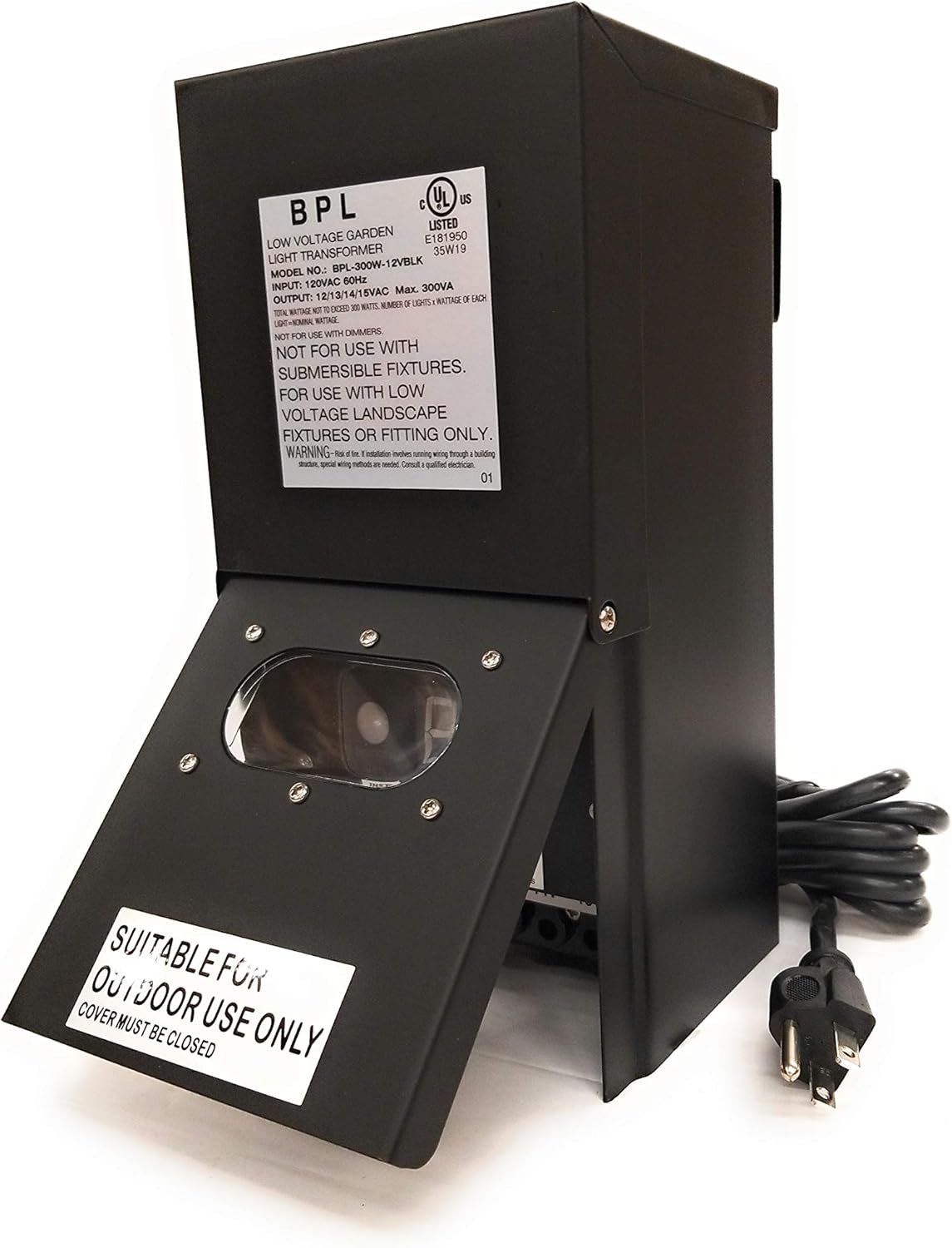 300W Watt Multi Tap 120 Volt AC to 12-15V Volt LED & Halogen - Low Voltage Landscape Lighting Indoor/Outdoor Weatherproof Transformer Power Pack w Digital Timer, Photocell Sensor - Black Metal Case