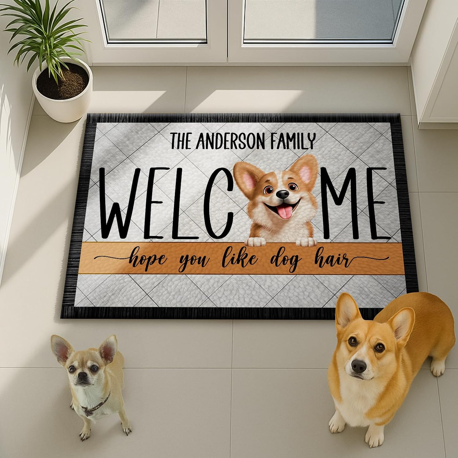 Personalized Dog Lover Welcome Doormat – Custom Family Name and Cartoon Dog Illustration – Durable Non-Slip Polyester Outdoor Rug – Vibrant Fade-Resistant Colors, Ideal Housewarming Gift