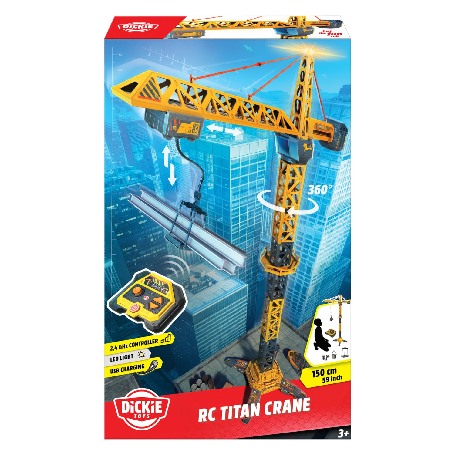 Dickie Toys 203729023 Dźwig Zdalnie sterowany radiowo 2,4GHz;obrót 360°;światło; akcesoria: wiaderko, taca, otwierana kula. Wysokość: 150 cm.