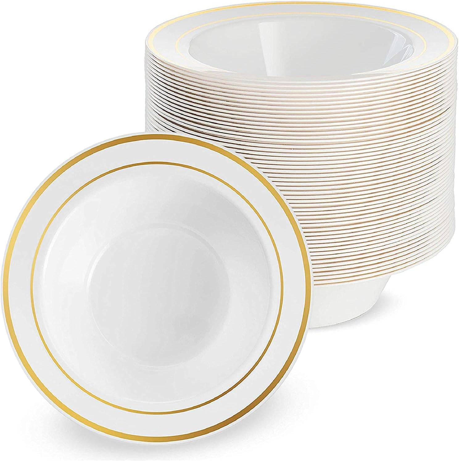 MATANA 25 Premium White Plastic Bowls with Gold Rim, 360ml - Elegant, Sturdy & Reusable - Soup & Dessert Bowls for Weddings, Birthdays, BBQ, Buffets, Catering, Parties