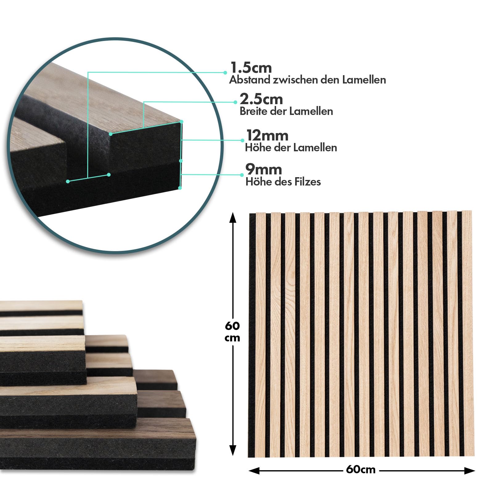 Panneau Acoustique En Feutre Et Bois Véritable 60x60 Cm - Absorption Du Bruit, Décoration Murale - Chêne Blanc