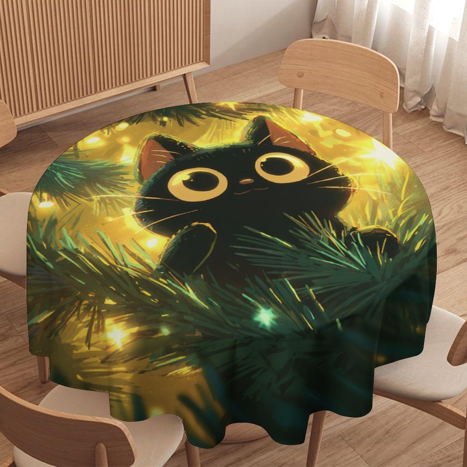 LUYYSKY Cute Anime Black Kitten Round Tablecloth Modern Aesthetic Merry Christmas Tree Japanese Black Cat Washable Decor for Table Cover for Kitchen-177.8" Wx177.8 L cm