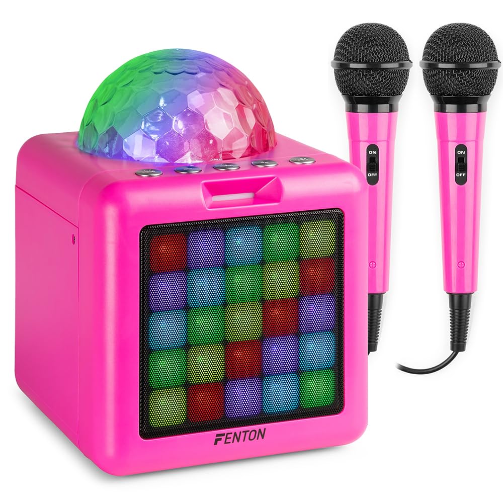 Fenton KAR15P Portable Bluetooth Karaoke Machine Speaker for Kids, Pink with LED Lights, 2 Microphones, USB-C Rechargeable Battery, 15W Power, Bluetooth 5.3