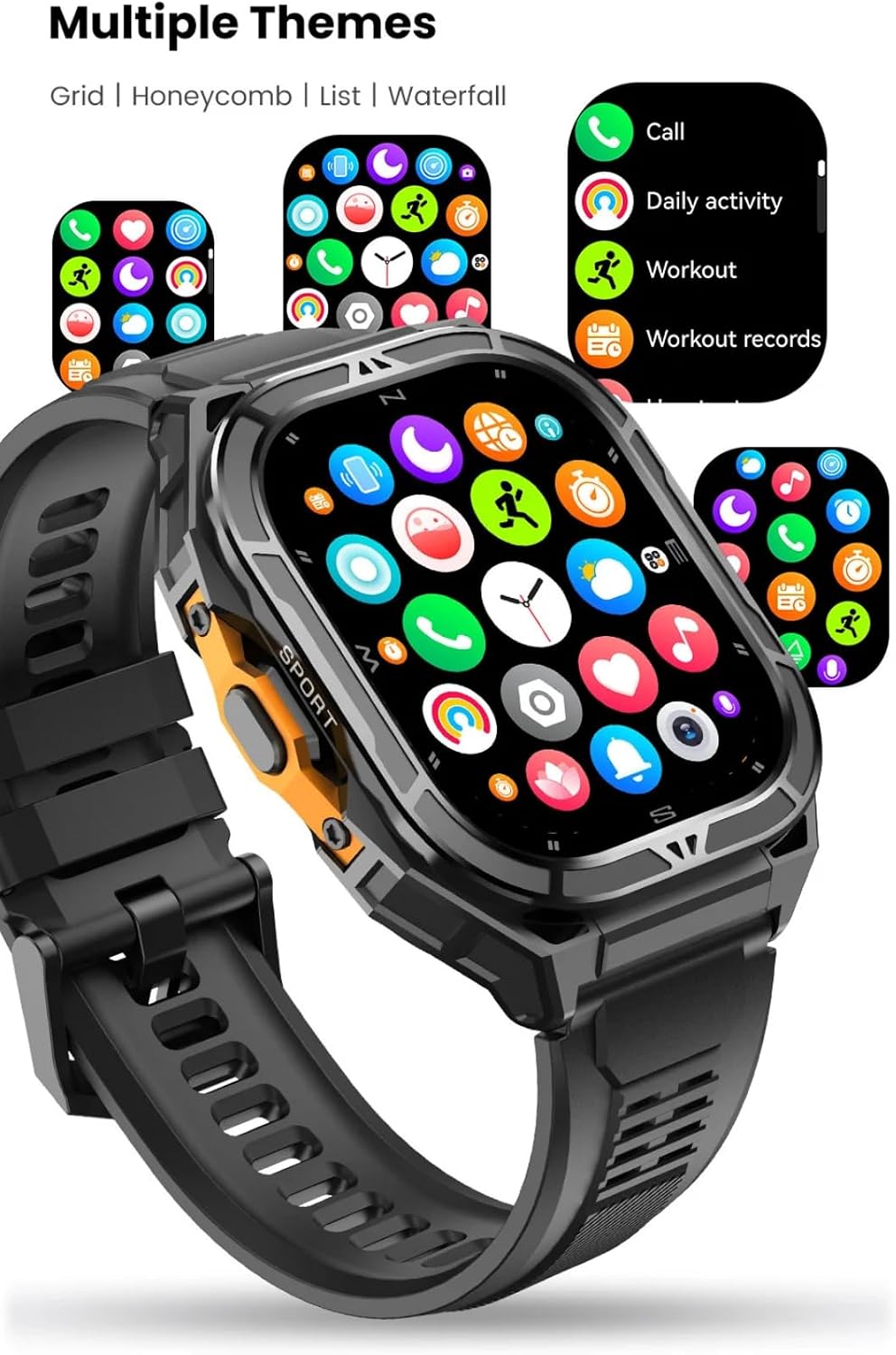 VALDUS VG46 Pro Smart Watch displaying multiple watch face themes and app icons in grid, honeycomb, list, and waterfall layouts.