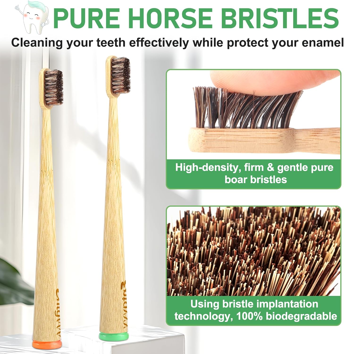 Horse Bristle Toothbrush, 4 Pack Non Plastic Bamboo Toothbrushes, Plastic Free Natural Organic Toothbrush, Individually Packaged Portable Manual Wooden Toothbrush for Adult, Women, Men