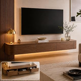 Floating TV Stand for Living Room Wall Mounted Entertainment Center with Storage Modern Media Console with Cable Holes Solid Wood TV Cabinet for Bedroom Apartment Home Room(Walnut,70.8IN)