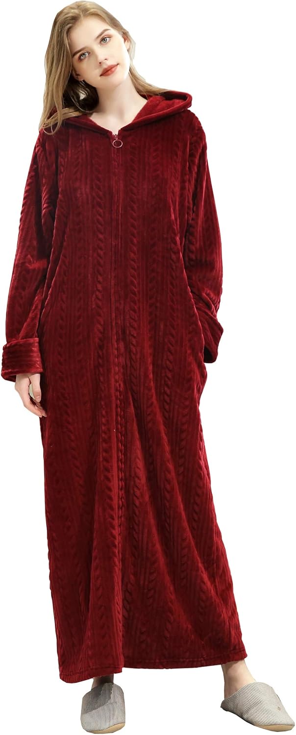 Women Full Length Dressing Gown Ladies Hooded Zipped Fleece Fluffy Towelling Bathrobe Winter 