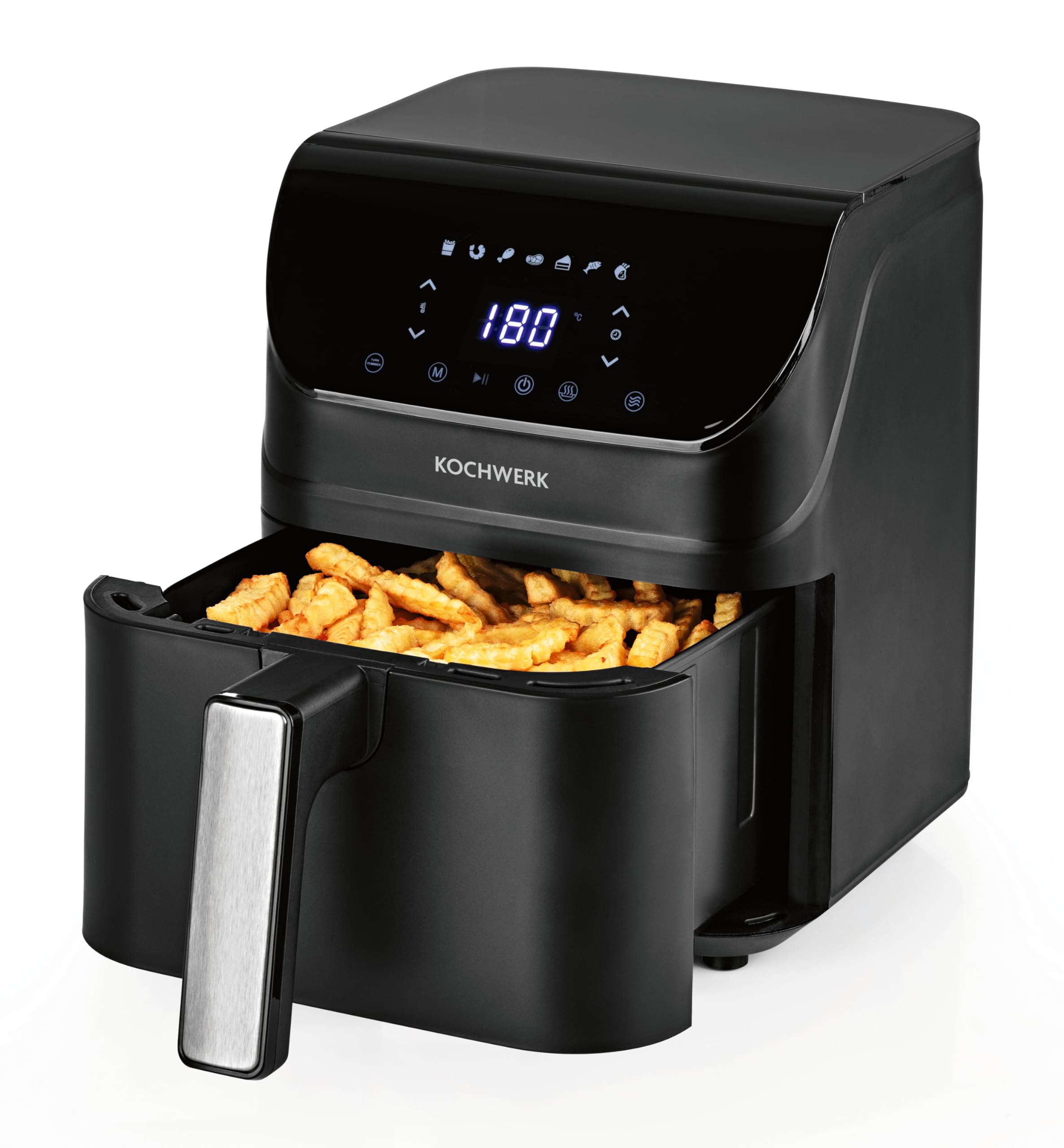 Rachs KOCHWERK Digitale Heißluftfritteuse 4L | Airfryer mit Touchscreen für fettarmes Garen, Grillen oder Backen ohne Öl | Erinnerungsfunktion zum Wenden | Leichte Reinigung | 1400W