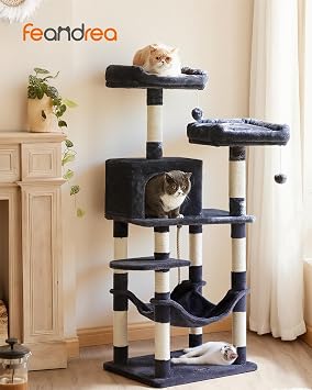 Feandrea Cat Tree, 55.8-Inch Large Cat Tower, Multi-Level Condo, Smoky Gray