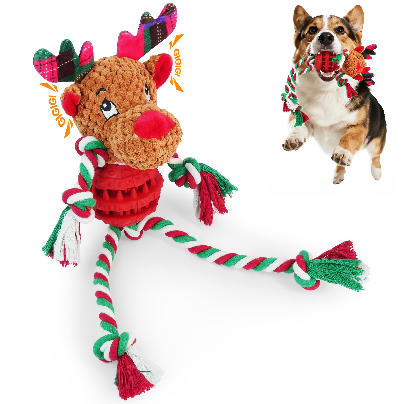 Jouet pour chien renne de Noël anti-ennui peluche résistante et corde à mâcher