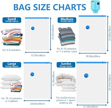 Vacuum Storage Bags 10Pcs with Electric Pump| 2XL+2L+2M+4S Space Saver Bags