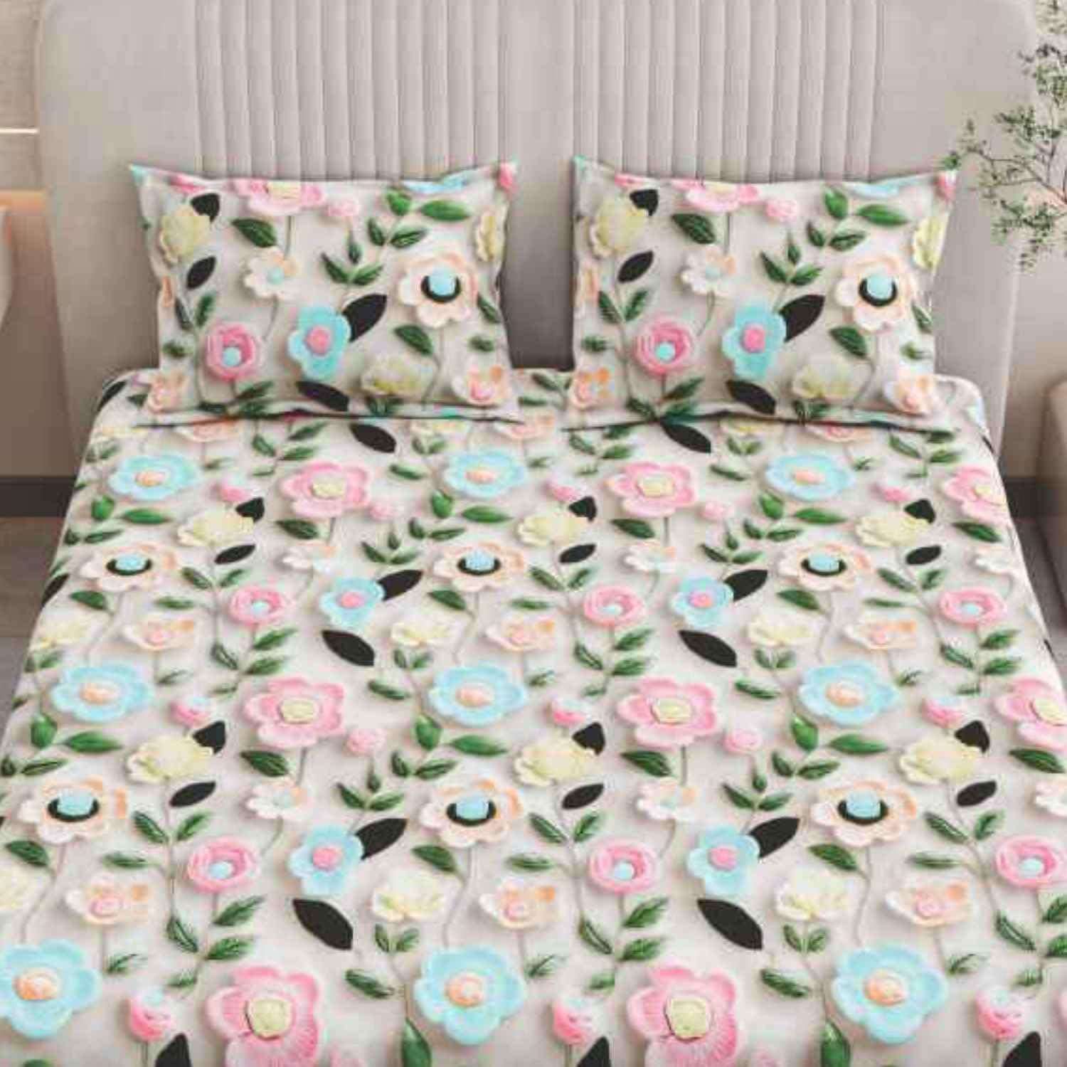 7D Bedsheet for Double King Size Bed with 2 Pillow Covers | Digital Printed Flowers & Fitted Elastic | 260 TC | Fade Resistant & Wrinkle Free | Fits Upto 72 X 78 X 7 Inch Mattress (Cream)-picture-10