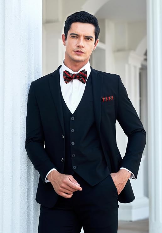 HISDERN Bow Ties for Men Striped Bowties Men's Self Tie Bowtie Handkerchief Formal Tuxedo Wedding Bowties and Pocket Square