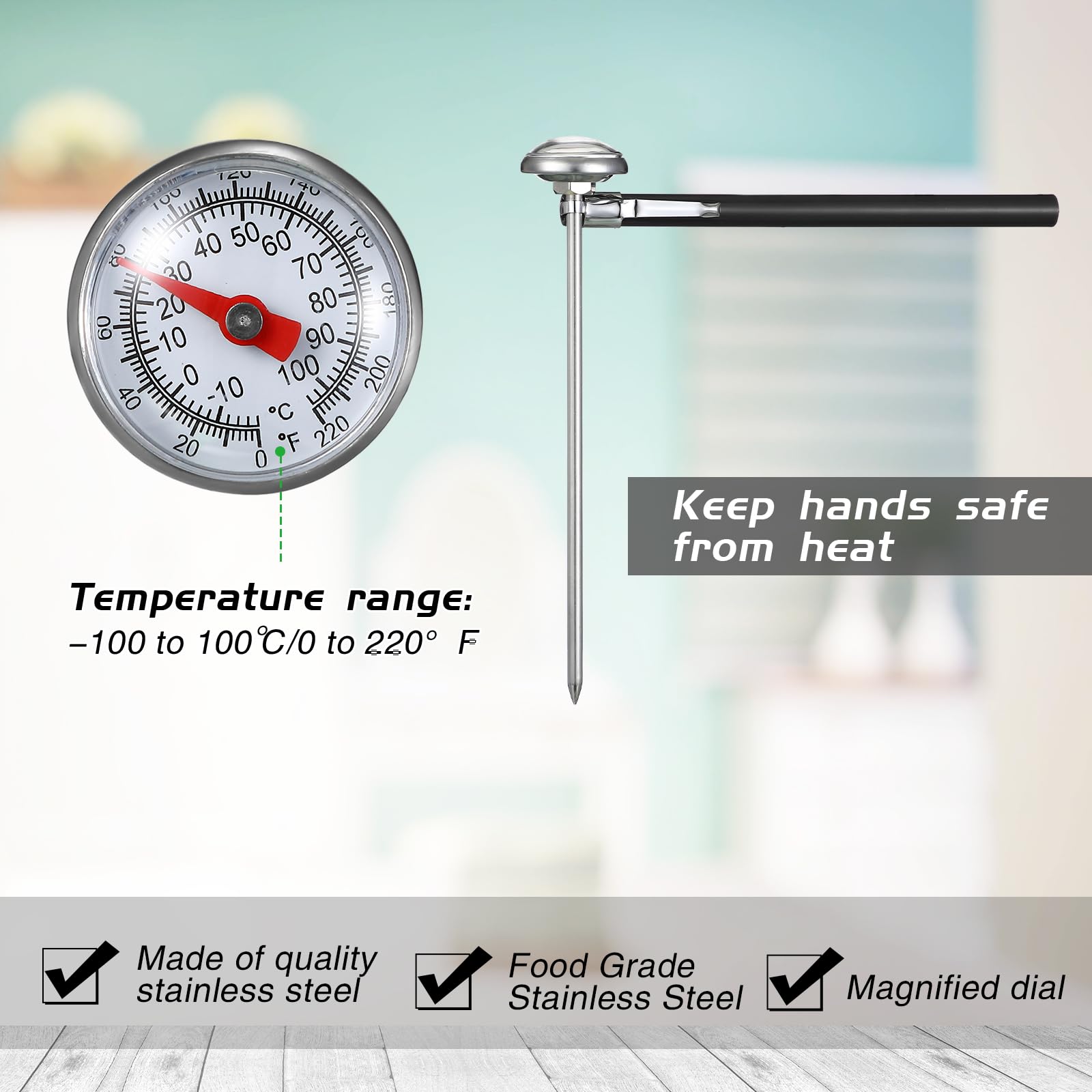 Xuhal Lot de 12 thermomètres de cuisine en acier inoxydable avec tige de 12,7 cm de long, cadran de 2,5 cm, thermomètre à mousse de lait pour four, sonde de viande, barbecue, cuisson, chocolat, eau