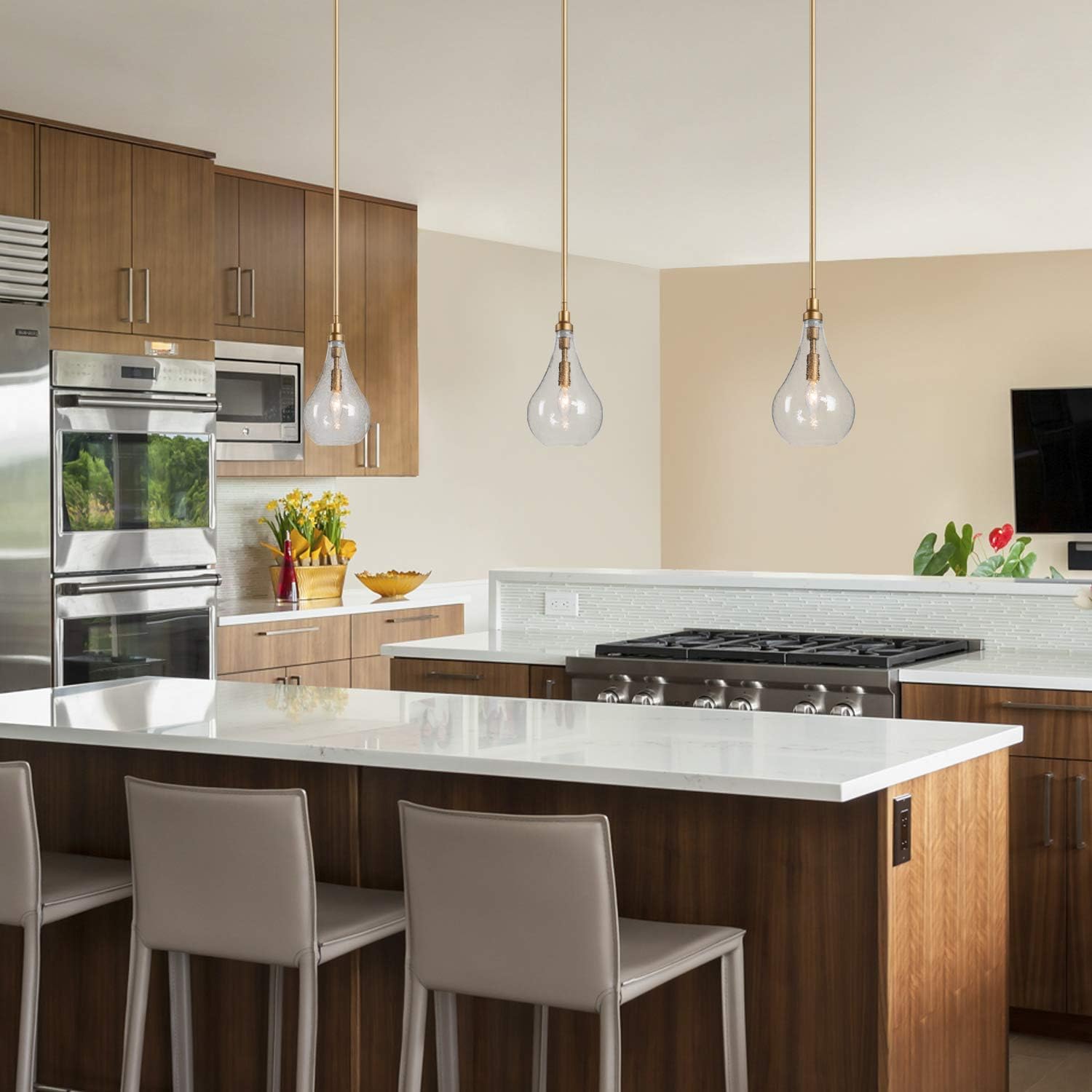 GEPOW Glass Pendant Lighting for Kitchen Island, Farmhouse Wood Hanging Light Fixture for Dining Room, Foyer, Bedroom - - 