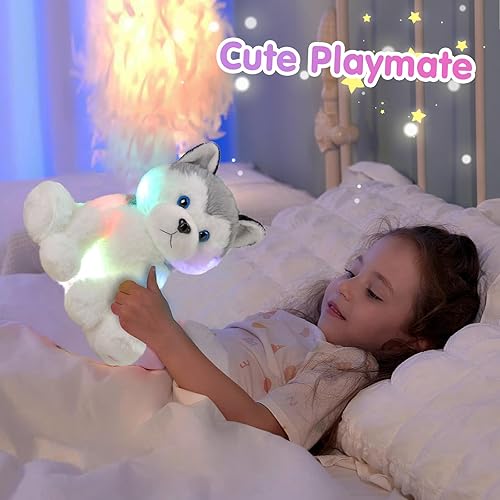 Miniatura 7 de Houwsbaby Peluche de perro husky con luz gris de 11 pulgadas, juguete de peluche LED con luces nocturnas para cachorros, almohada brillante para