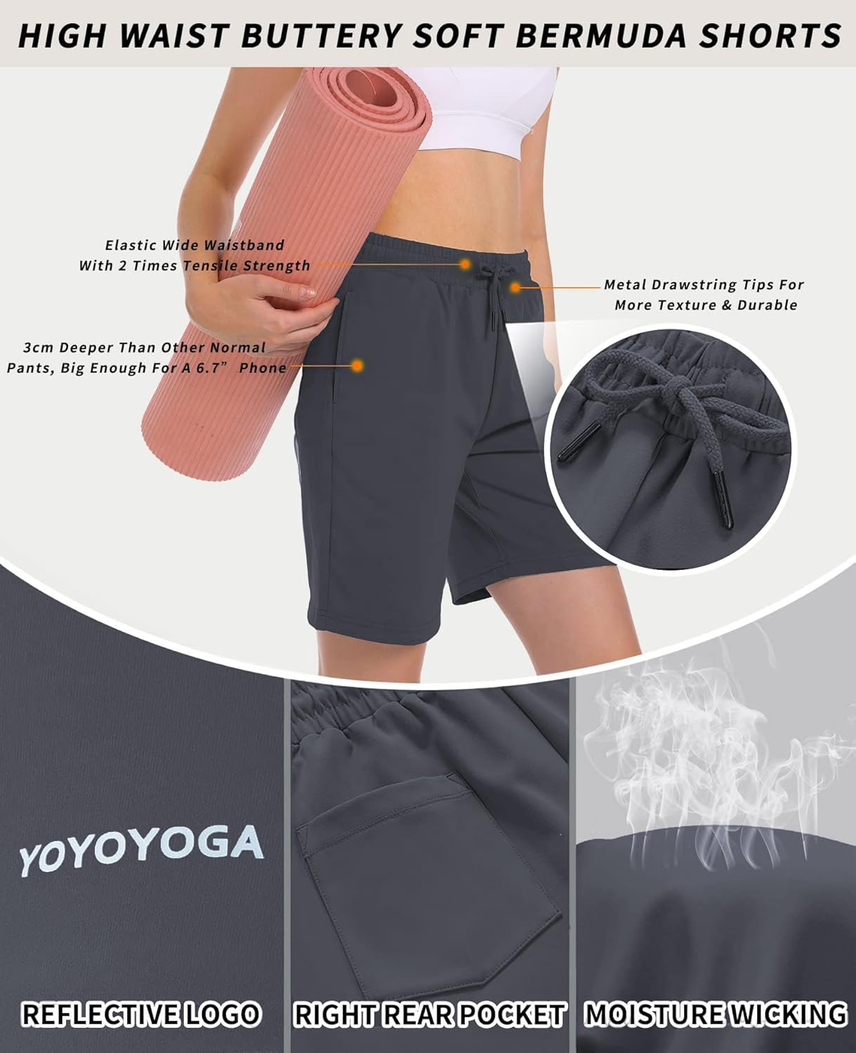 YOYOYOGA Bermuda Shorts for Women 7" Athletic Long Shorts with 3 Pockets High Waisted Knee Length Shorts Workout Running - Image 4