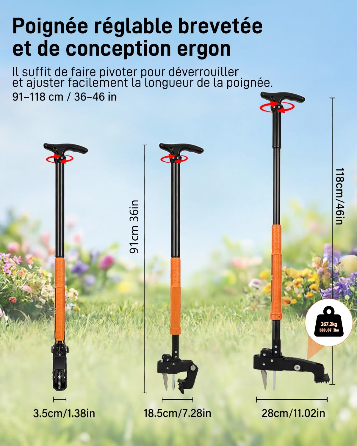 HAUSPROFI Désherbeur Manuel Extracteur (91-118 cm), Arrache-Mauvaise Herbe avec Sac de Jardin 50 L, Arrache-Pissenlit Équipé de 4 Griffes Métalliques et d'une Pédale, Rétractation Automatique