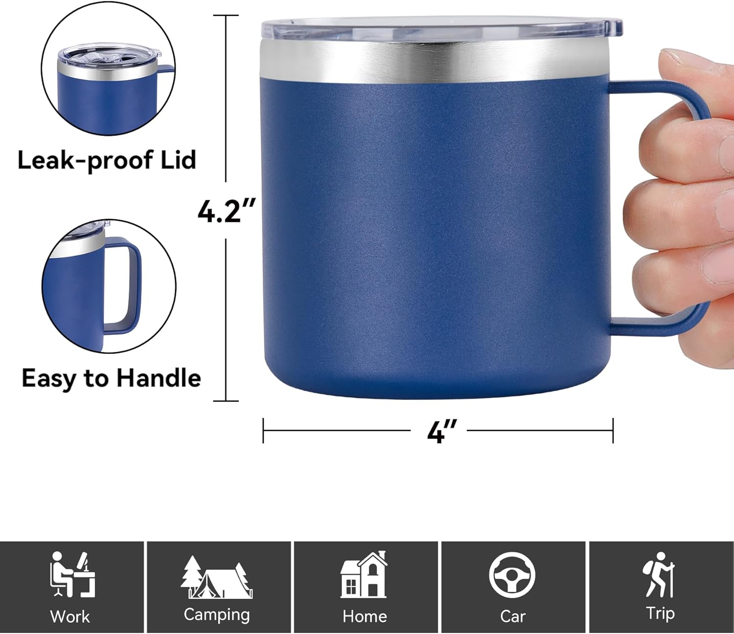 VEGOND 14 oz Insulated Stainless Steel Travel Coffee Mug with Handle, Double Wall Vacuum Coffee Cup, Navy Blue - Image 3