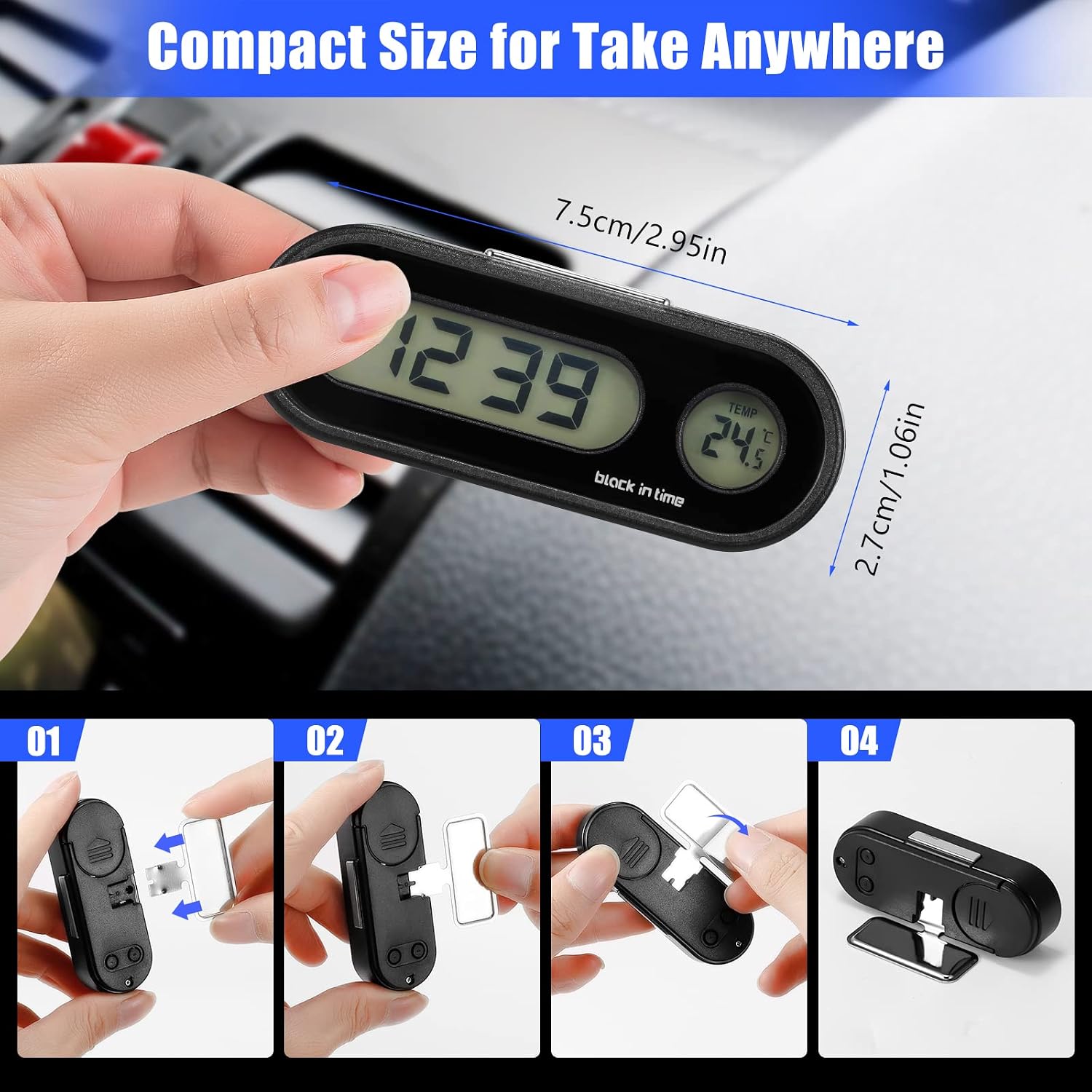 ONEVER Car Clock, Car Digital Clock with Thermometer Mini Vehicle Dashboard Clock Celsius