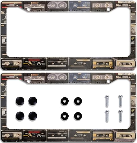 Marco de matrícula de cinta musical de casete vintage, paquete de 2 accesorios de automóvil de acero inoxidable, placa personalizada para vehículos