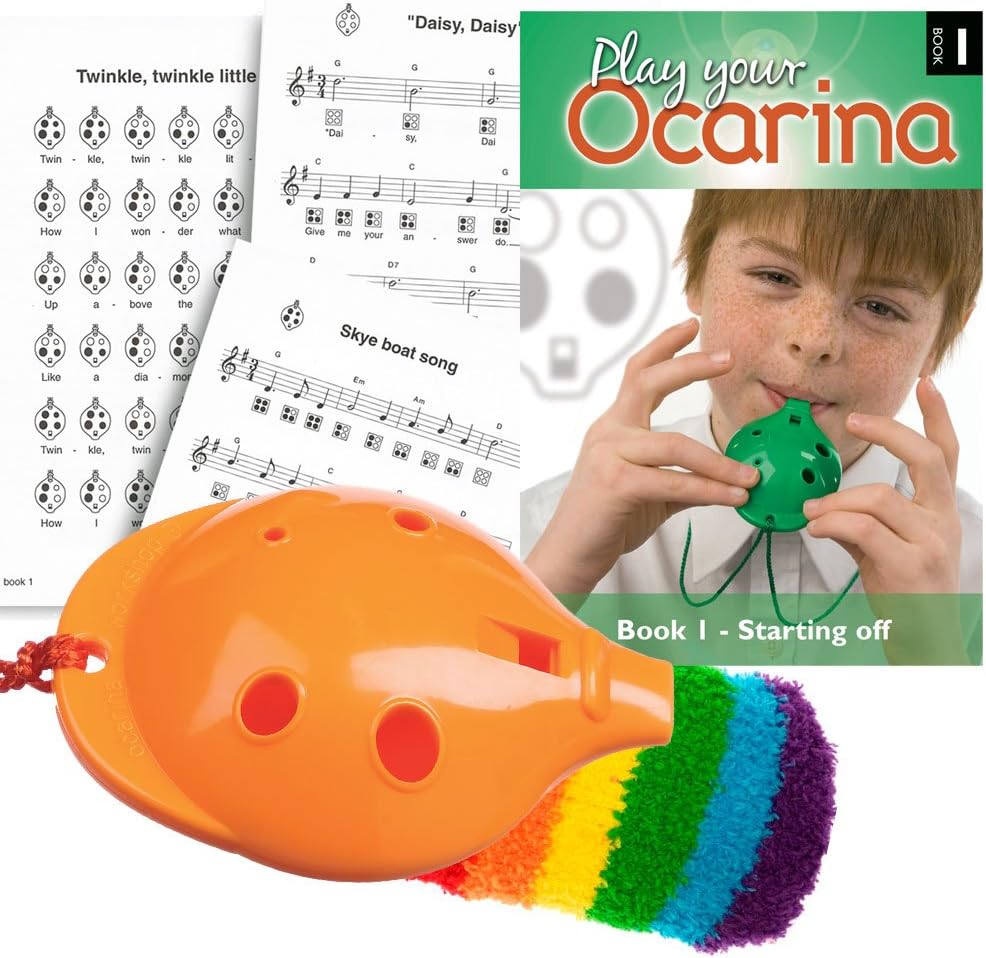 Plastic OCARINA Set, Orange 4-hole, with Book 1 and OcSock