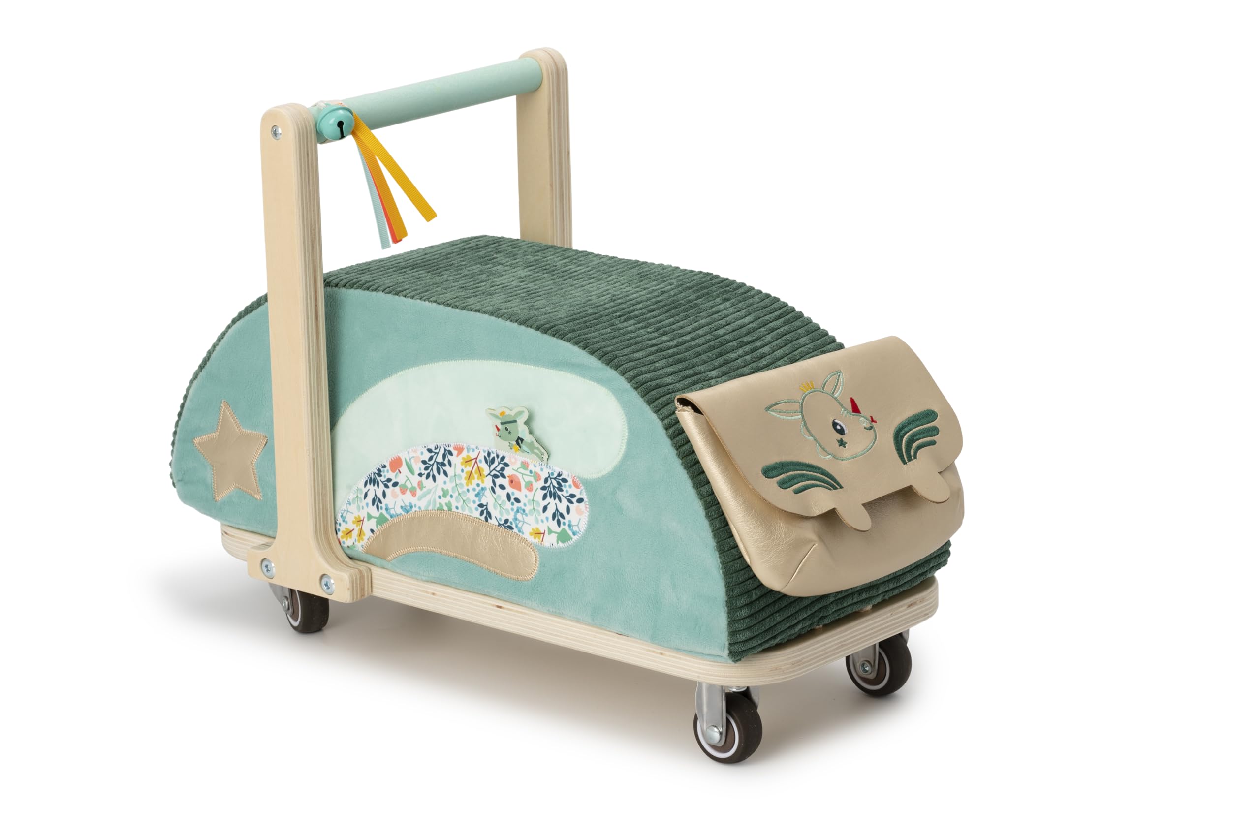 LILLIPUTIENS - Wooden and Fabric Ride-On Joe the Dragon - Stimulates imagination and balance in toddlers - With multidirectional wheels and removable pouch - From 18 months - 83467
