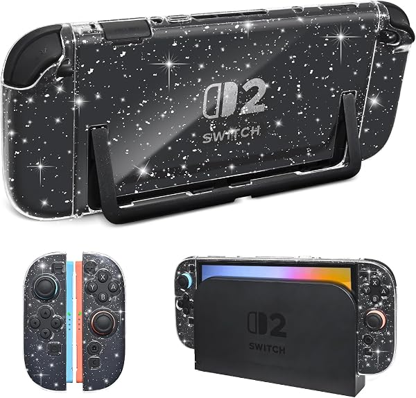 DLseego Glitzer Hülle Kompatibel mit Switch 2,Robuste Glitzernd Klar Schutzhülle mit Weichem Silikon Handgriff Hülle,Schockabsorption und Geteilte Konstruktion - 1