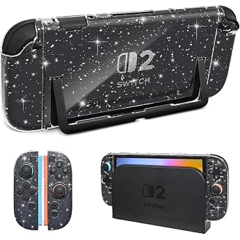 DLseego Glitter Case Compatible with Switch 2, Robust Glitter Clear Protective Case with Soft Silicone Handle, Shock Absorpti