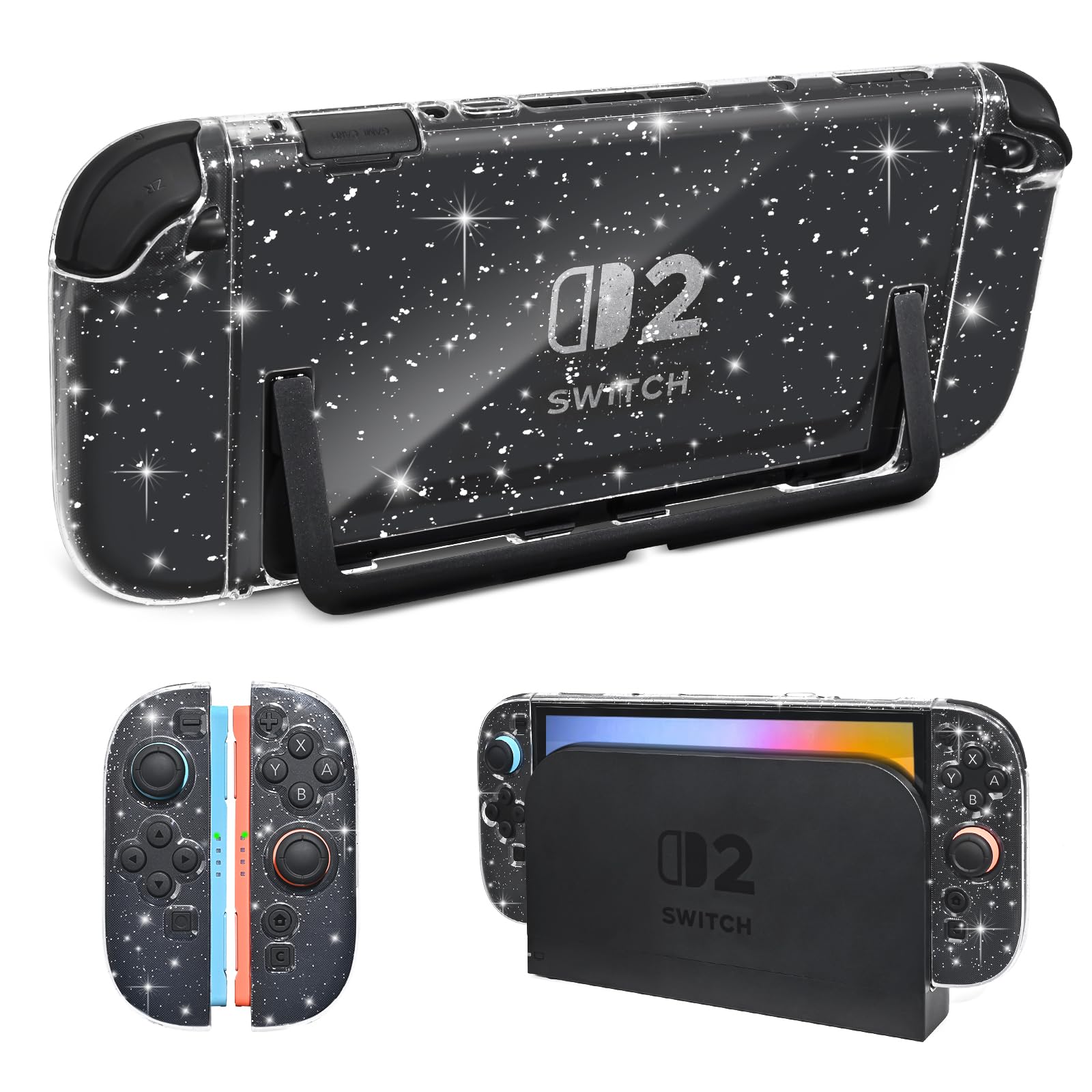 DLseego Glitzer Hülle Kompatibel mit Switch 2,Robuste Glitzernd Klar Schutzhülle mit Weichem Silikon Handgriff Hülle,Schockabsorption und Geteilte Konstruktion