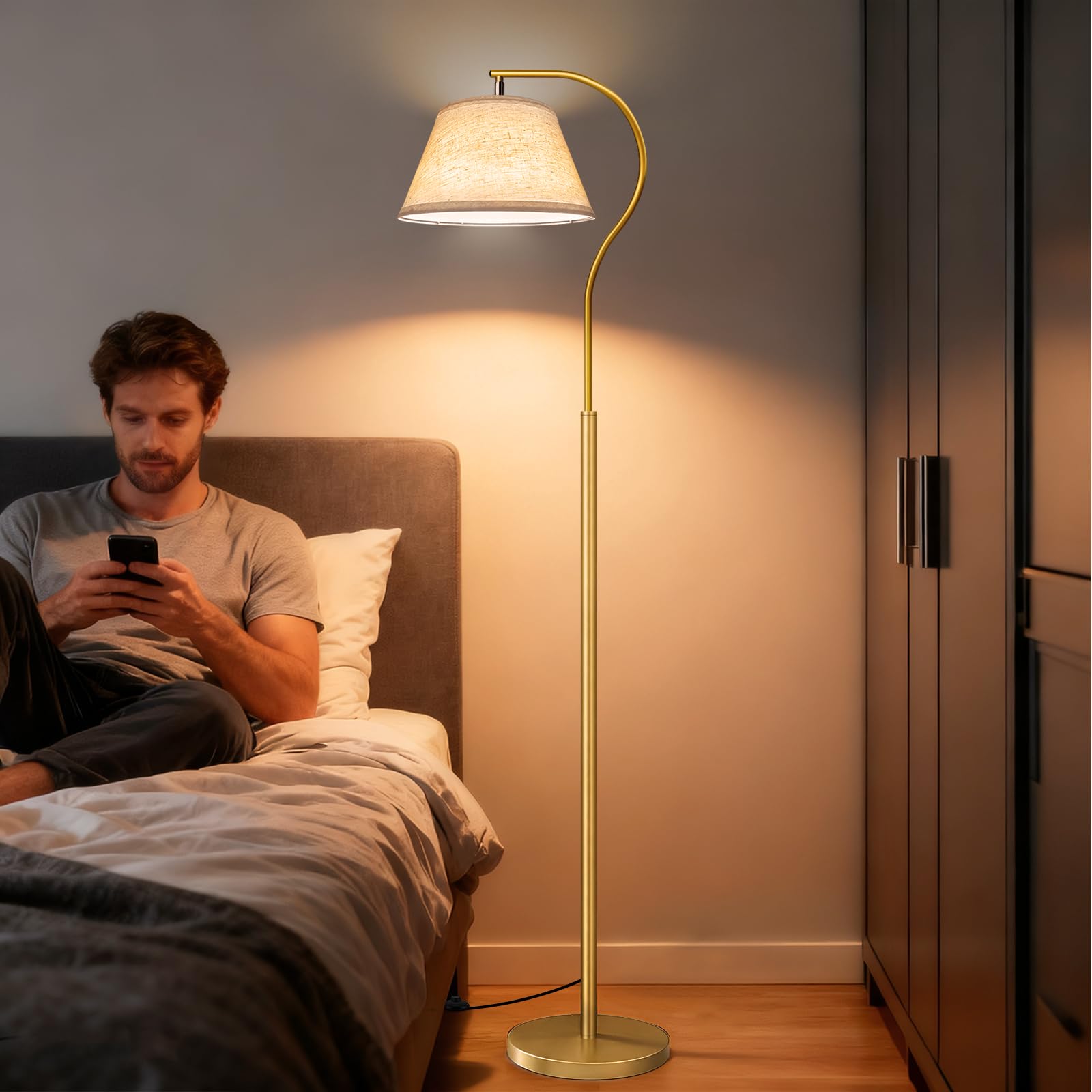 BBHome Lámpara de Pie para Salon, Lámpara de Arco con Pantalla e Interruptor de pie, Lampara pie Moderna con Bombilla LED de 9W, Lampara Salon E27 de 170 cm para salón, dormitorio (Dorado)