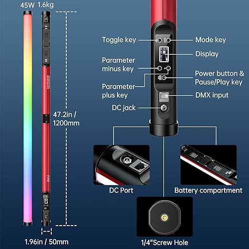 Miniatura 7 de GVM - Tubo de luz RGB con caja de luz, 2 paquetes de luz de varita de mano de 45 W, tubo de luz LED a todo color de 48 pulgadas, luz de palo de
