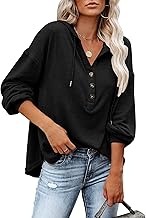 PLOKNRD Kapuzenpullover Damen Langarm Knöpfen Pullover mit Kordelzug Freizeit V-Ausschnitt Hooded Henley Sweatshirt Klassisch