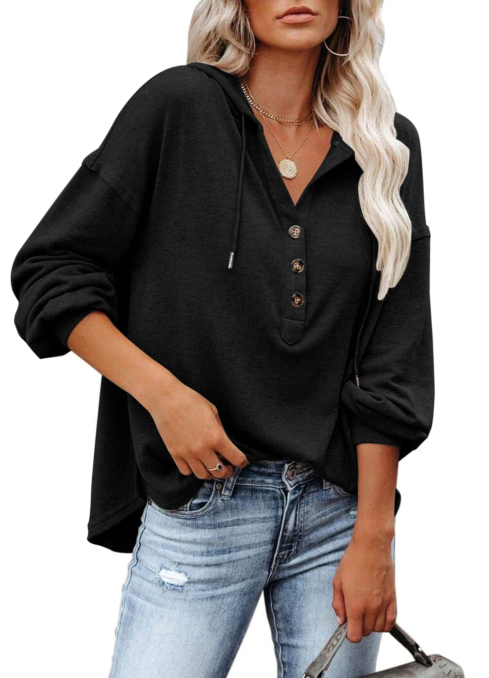 PLOKNRD Sweat-Shirt surdimensionné à Manches Longues pour Femme Pull à Capuche boutonné avec Cordon de Serrage