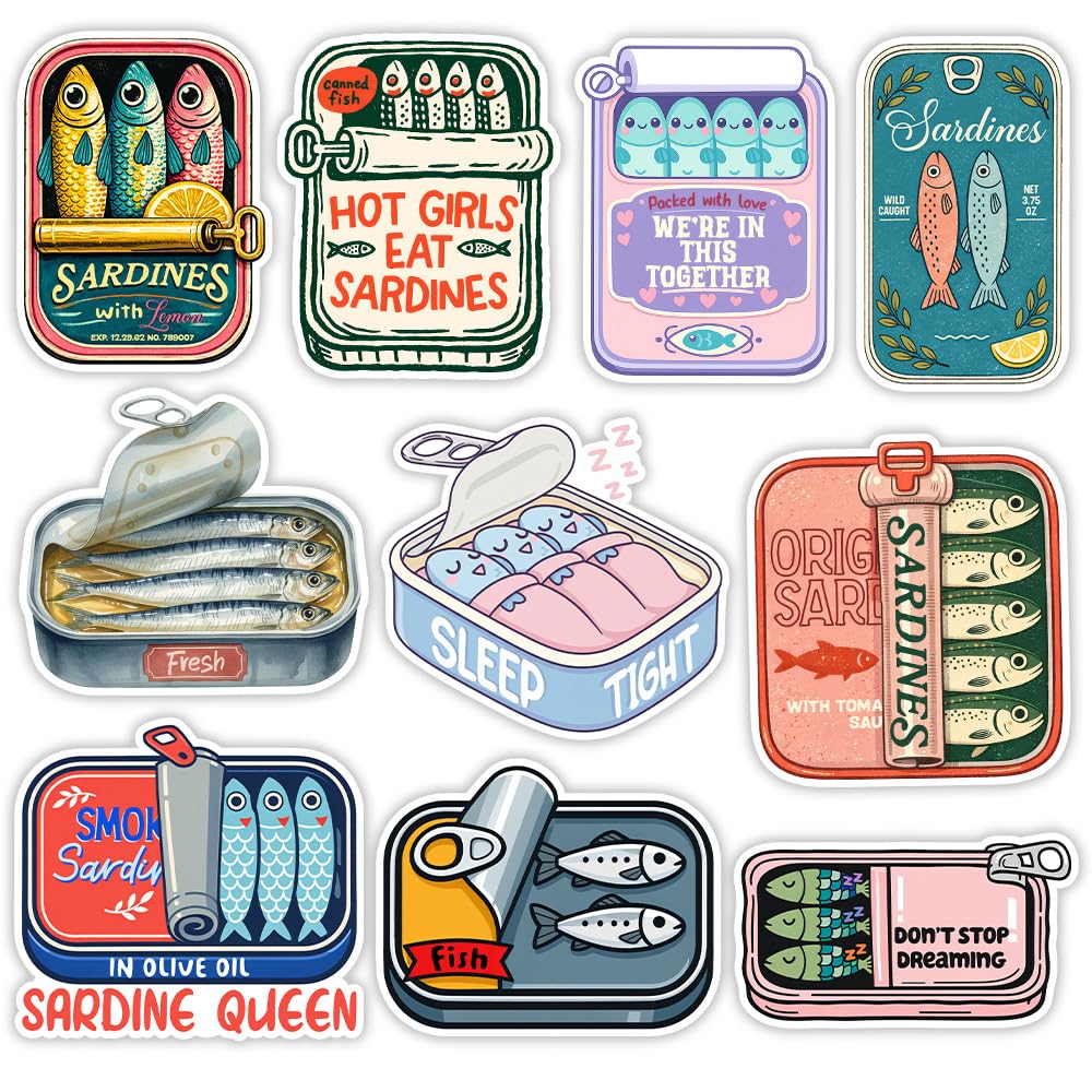 MAIANEY Sardines Sticker Pack of 10, 3 Inch Funny Fish Can Aesthetic Stickers, Kawaii Sardine Tin Vinyl Decals for Laptop, Water Bottle, Journal, Scrapbook