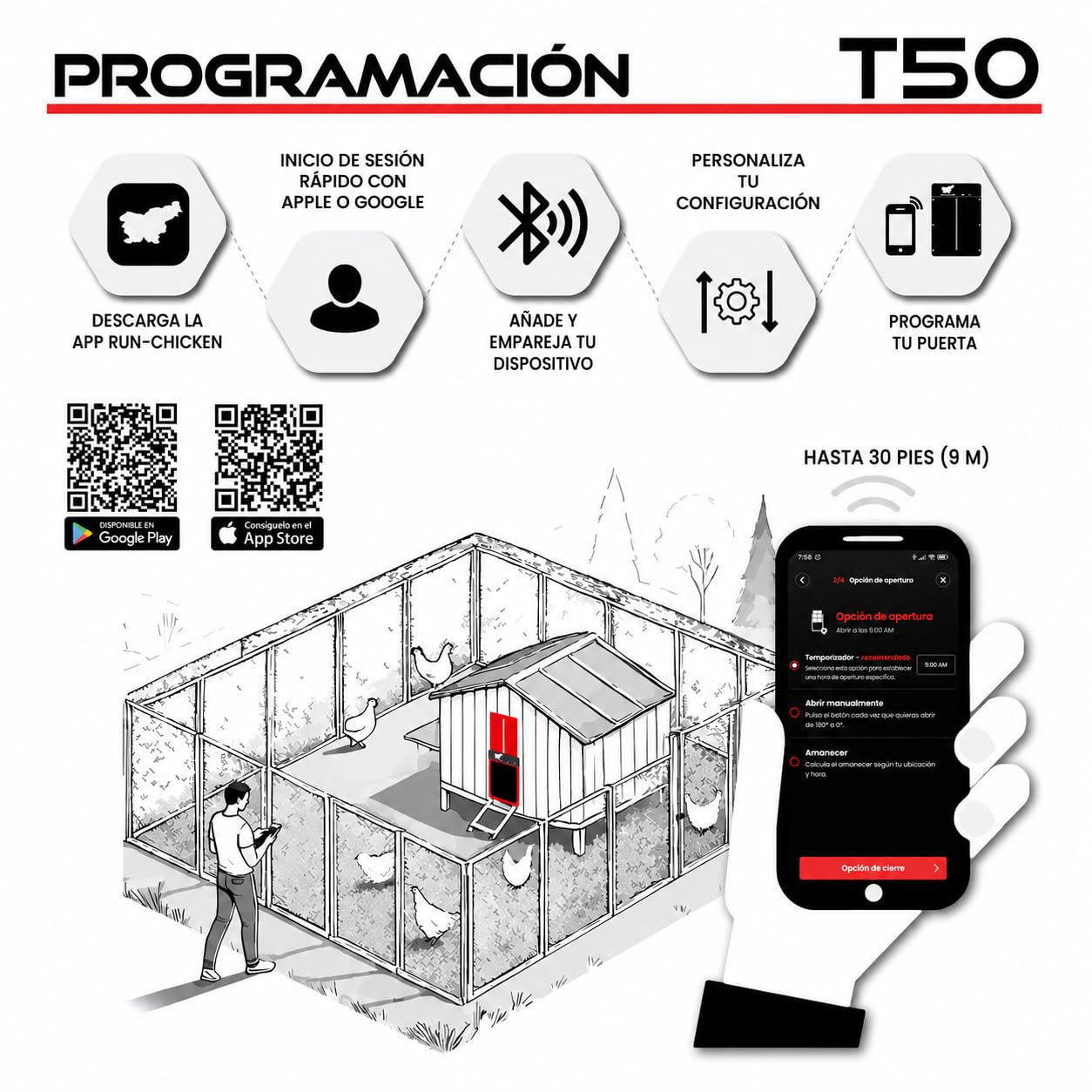 RUN‑CHICKEN Door T50 Red – Puerta automática roja para gallineros, Funciona con Pilas AA, Control por App, Sensor de luz, Temporizador con retardo y Aluminio Resistente para Exteriores