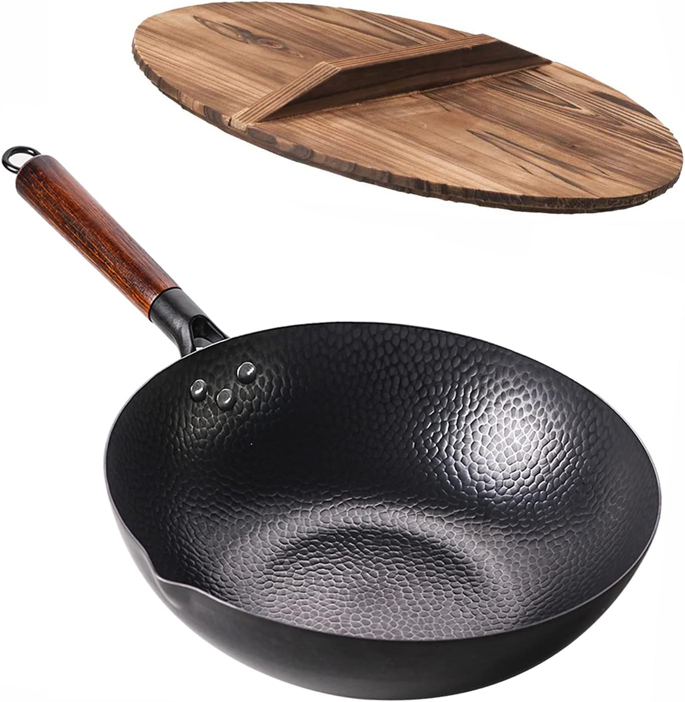 Carbon Steel Wok Pan - 32cm Woks and Stir Fry Pans with Lid, No Chemical Coated Wok Pan for Electric, Induction & Gas Stoves, Nonstick Iron Wok and Stir Fry Pan with Detachable Wooden Handle