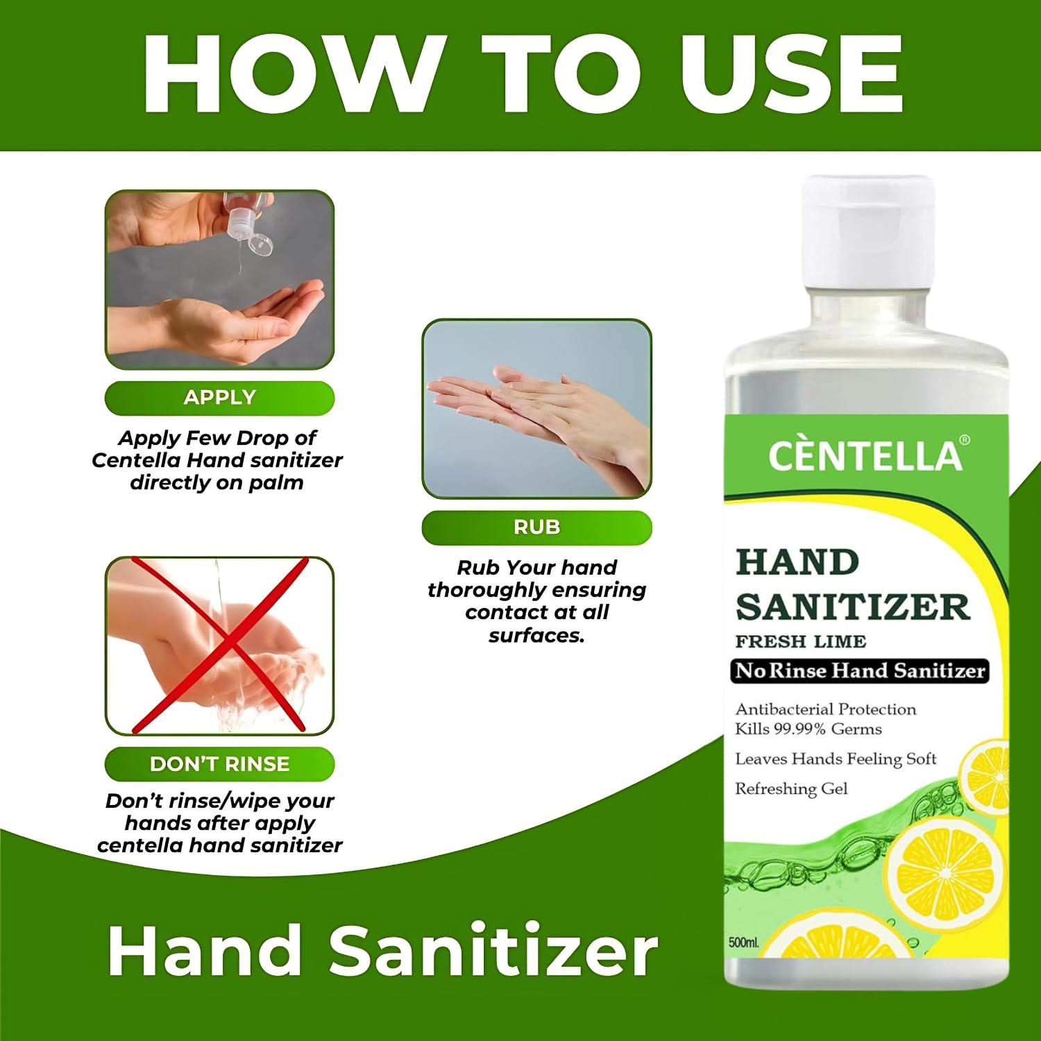 K'TRiQ Centella Hygienic Bact- X Hand Sanitizer Gel (Antibacterial) (Non-Sticky) Kills Germs No-Rinse Wash Hand Gel Hand Rub- 500 ML 2