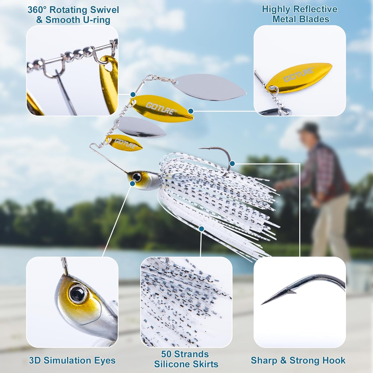 Goture Spinner Baits, Hard Metal Spinnerbaits Kit with 4 Spinner Blades, Spare Skirts Replacement, Buzzbait Spinnerbaits Fishing Lures for Bass Trout Pike Salmon Walleye Freshwater Saltwater