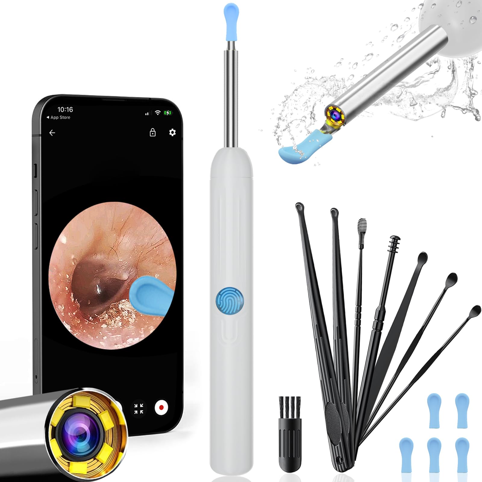 Eliminador de cerumen, kit de 8 piezas para eliminar cerumen, limpiador de oídos con cámara, kit con luz, limpiador de oídos para iOS y Android, color blanco.