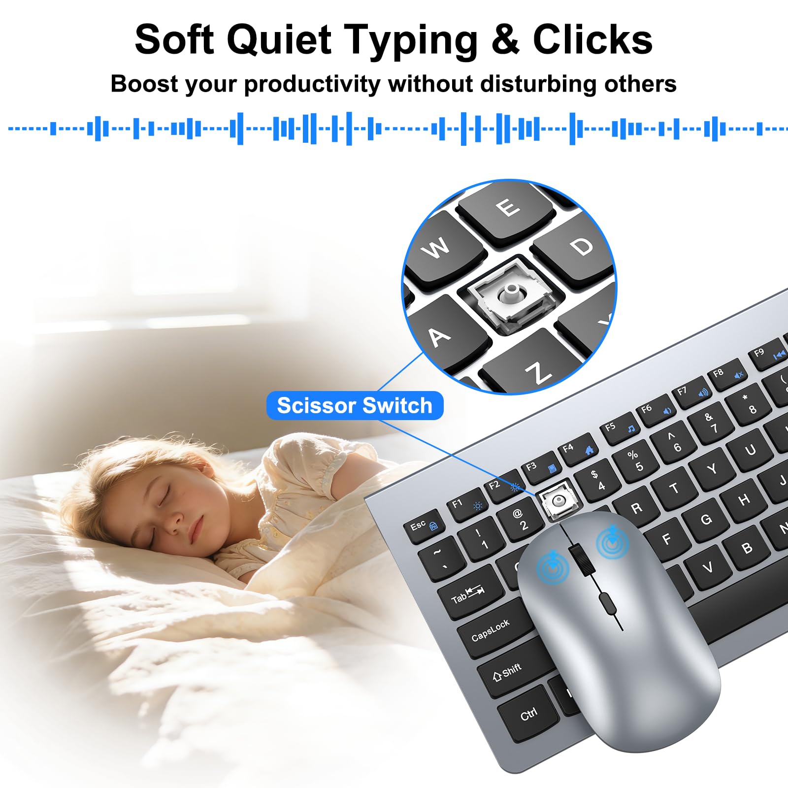 Combo de teclado y mouse inalámbricos, teclado y mouse inalámbricos ultrafinos de tamaño completo, adecuado para portátiles y PC