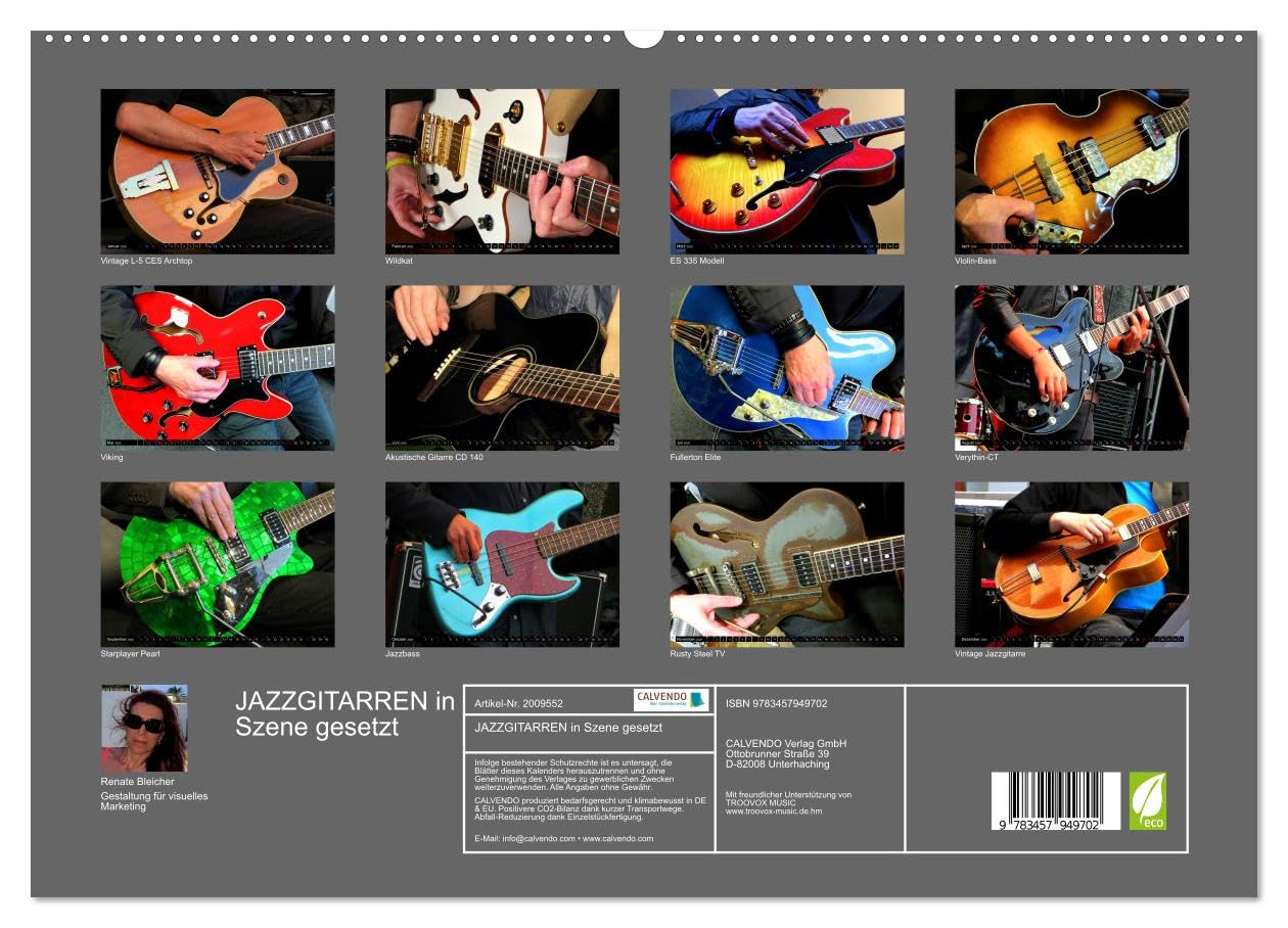 JAZZGITARREN in Szene gesetzt (hochwertiger Premium Wandkalender 2026 DIN A2 quer), Kunstdruck in Hochglanz: Auf jedem Kalenderblatt präsentiert sich ... beliebte Gitarrenschönheit (CALVENDO Kunst)