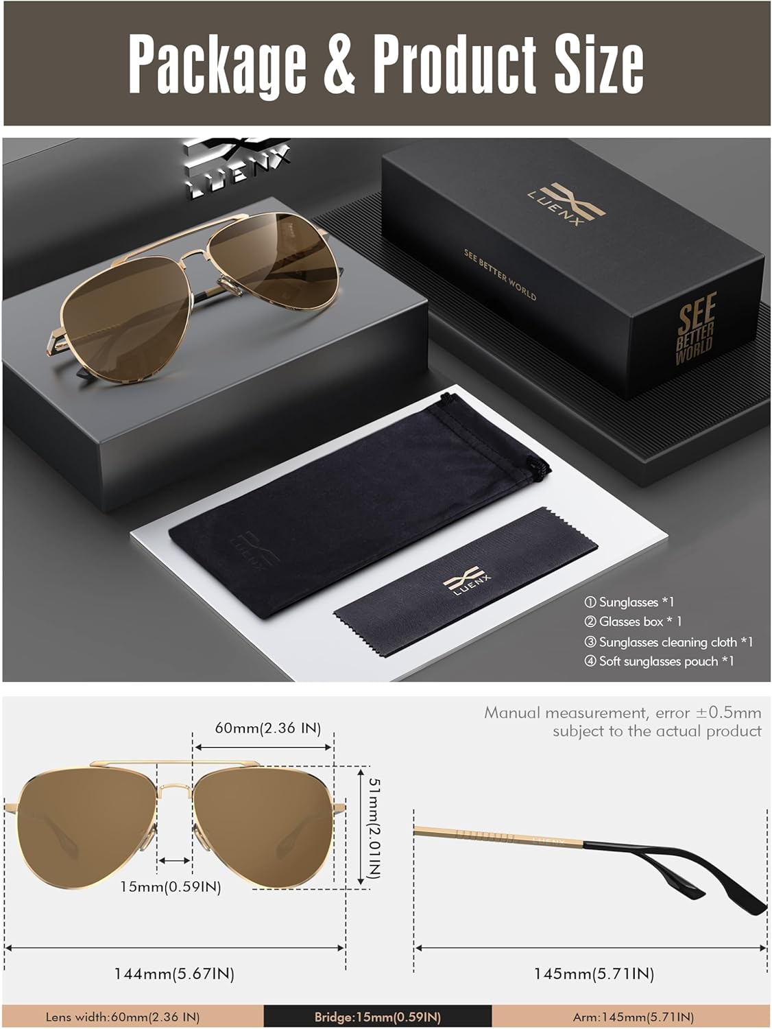 LUENX Aviator Sunglasses for Men Women Polarized Driving Classic Shades - UV 400 Protection with Accessories 60MM 14-brown/Non-mirror 60 Millimeters image 7 of 7 B06XHY2RRJ