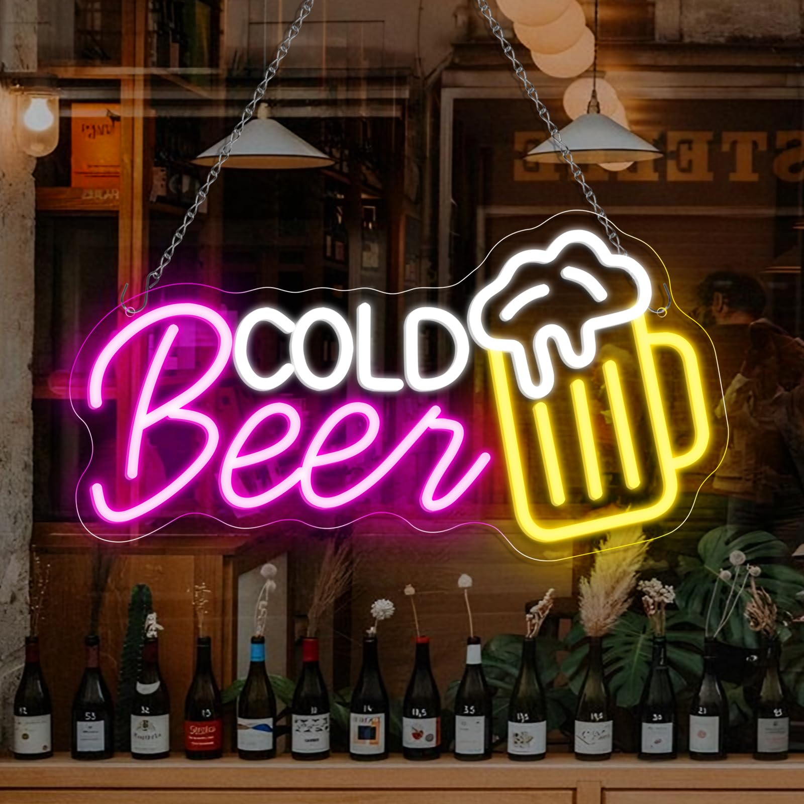 Cold Beer Neon Sign for Wall Decor, 16.5" x 9" Dimmable LED Neon Sign Powered by USB with ON/OFF Switch, 6-Level Adjustable Brightness Light Up Sign for Home, Bar, Club, Man Cave and Party