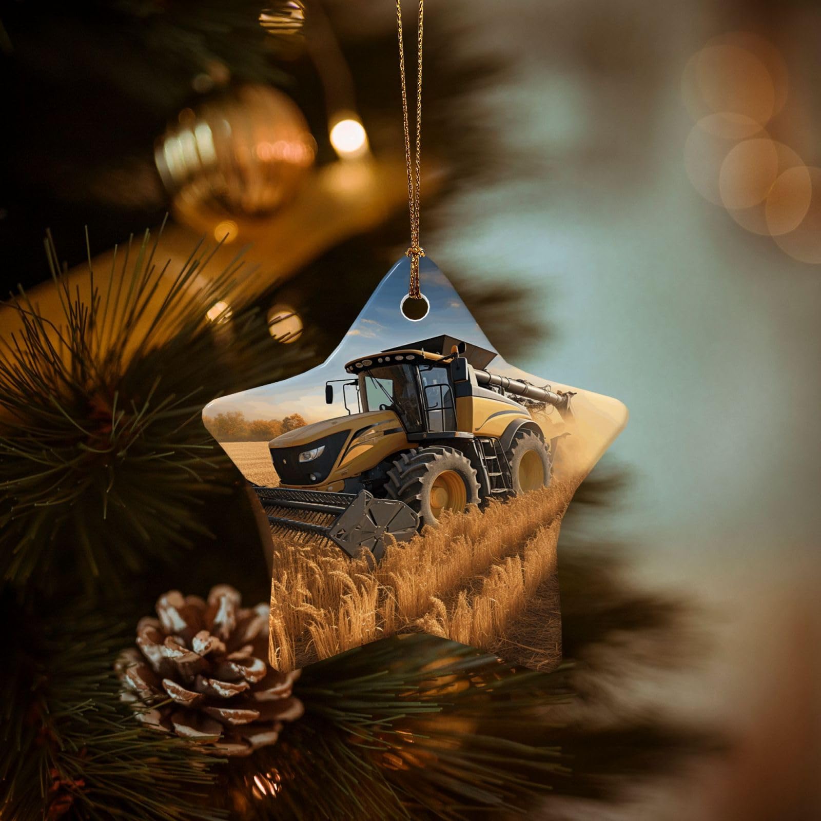 Christmas Tree Ornaments Ceramics Christmas Decorations Farm Tractor Harvester Ornaments with Gold Ribbon Porcelain Xmas Tree Crafts Star Shape Hanging Pendant for Christmas Tree Party Decor