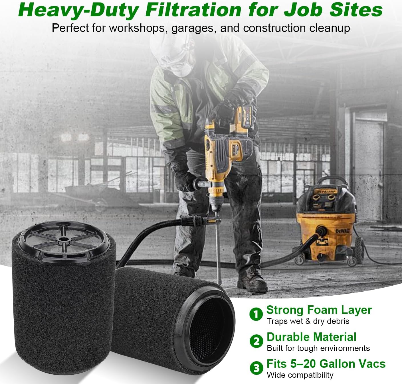 VF7000 Filters Replacement Compatible with 5-20 Gallon Wet/Dry Vacuums Cleaners And Husky 6-9 Gallon Vacuum Cleaners Replacement Filter - 2 Pack