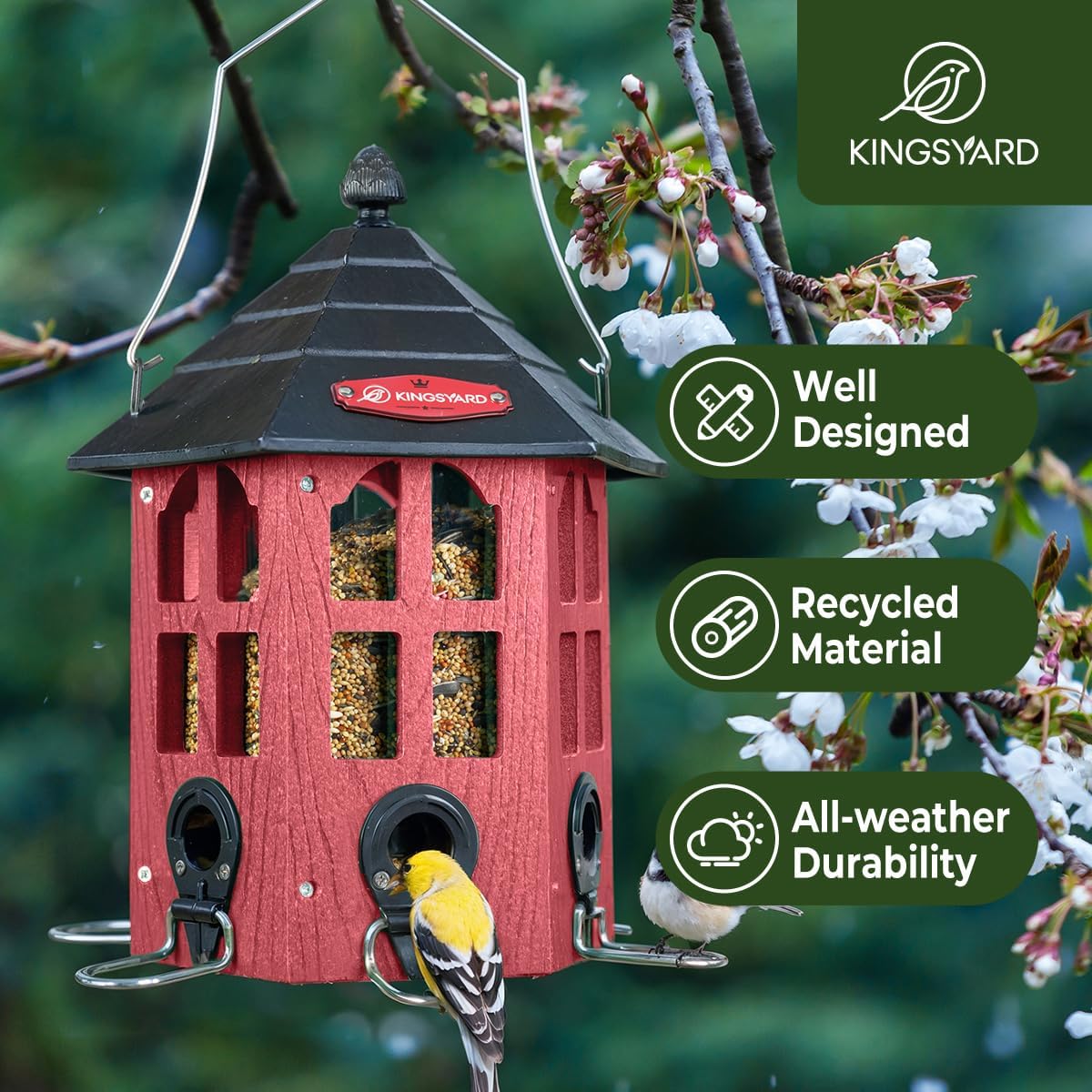 Kingsyard Large Bird Feeder Weatherproof, Squirrel-Resistant Outdoor Hanging Feeders, Recycled Plastic Hopper 3.5 lb Seed Capacity 6 Ports U-Shape Metal Perch Mesh Bottom, Red