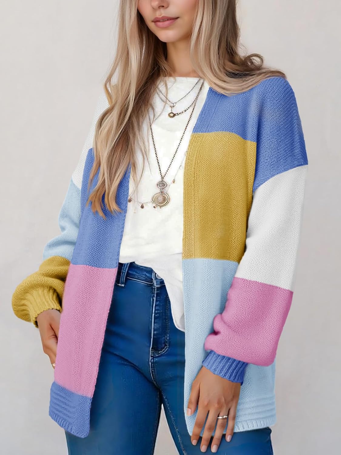 Saodimallsu Womens Boho Cardigans Colorful Long Sleeve Cardigan Open Front Sweaters Chunky Knit Coats Loose Fit 2025 Blue Medium