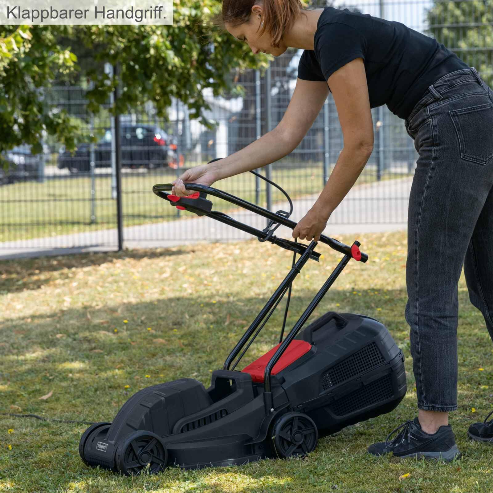 Scheppach Elektro Rasenmäher ELM320 Sichelmäher | Schnittbreite 320mm | Leistung 1300W | für Rasenfächen bis 350m² | Schnitthöhe 20/40/60mm | Fangbox 30L | Klappbarer Griff & Kabel-Zugentlastung