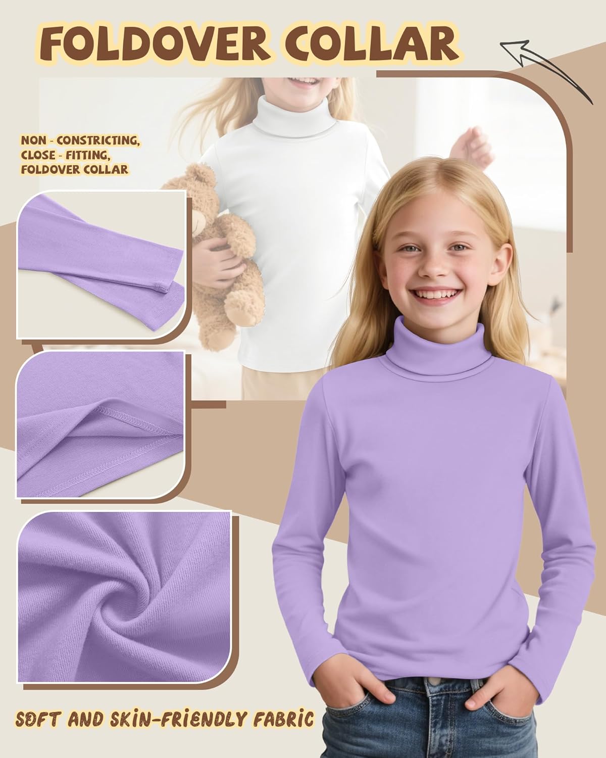 3 Pack Girls Turtleneck Long Sleeve Pullover T-Shirt Soft Warm Stretch Kids Basic Turtle Neck Tops for Girls - Image 5
